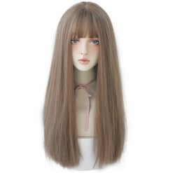 Elena Long Straight Wigs With Neat Bangs Honey Brown