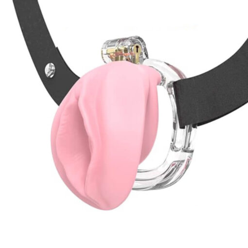 Pussy Lips Silicone Chastity Cage Pink With Strap