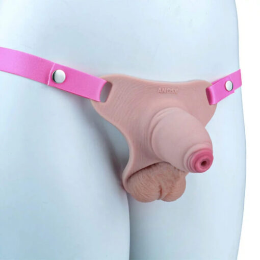 Strap On Soft Silicone Realistic Penis Sleeve Chastity Cage Nub With Pink Strap