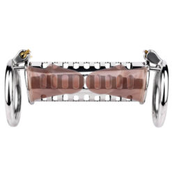 Metal Double Ended Chastity Cage With Penis Inside Side View