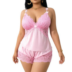 Plus Size Men's Crossdresser Satin & Lace Cami Pajama Shorts Set Pink Front 1