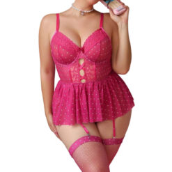 Plus Size Sissy Polka Dot Babydoll Garter Dress with Stockings Rose Red Front 3