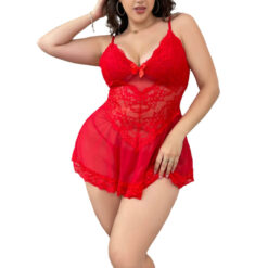 Plus Size Sissy Princess Sheer Lace Babydoll Lingerie Set Red Front 2